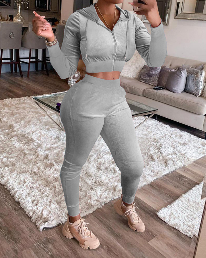 Women Long Sleeve Hoodies Crop Tops Slim Pants Sets Two Pieces Outfit Pink Gray Black Brown Blue Green Red Sky Blue S-2XL