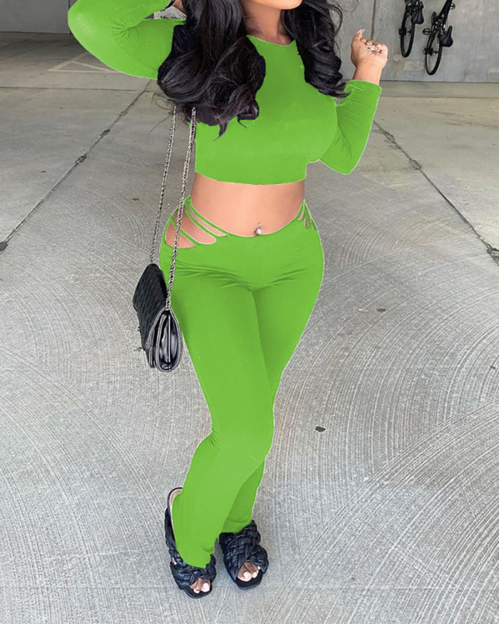 Women Long Sleeve Solid Color Sports Wear Crop Tops Hollow Out Waist Sexy Pants Sets Two Pieces Outfit Black Red Green S-2XL