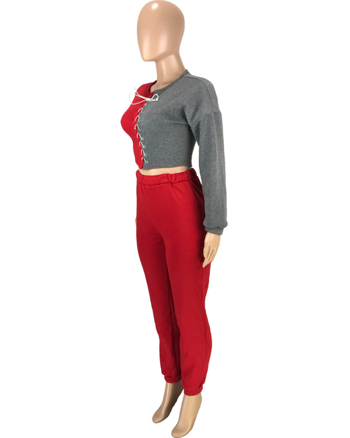 Women Long Sleeve Colorblock Strappy Crop Tops Casual Pants Sets Two Pieces Outfit Red Gray Blue S-2XL