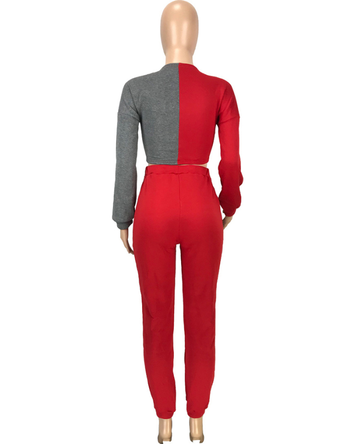 Women Long Sleeve Colorblock Strappy Crop Tops Casual Pants Sets Two Pieces Outfit Red Gray Blue S-2XL