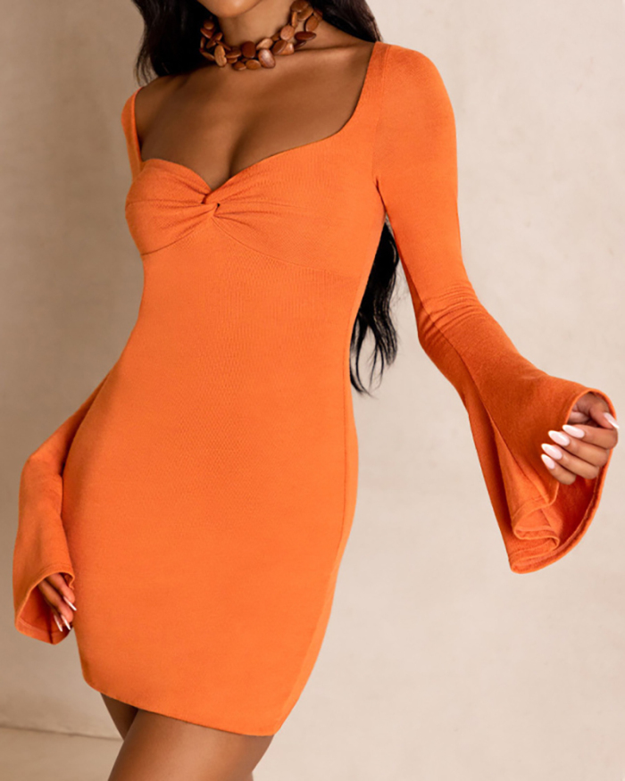Lady Long Sleeve Slim Solid Color One Piece Dress White Green Orange S-L 