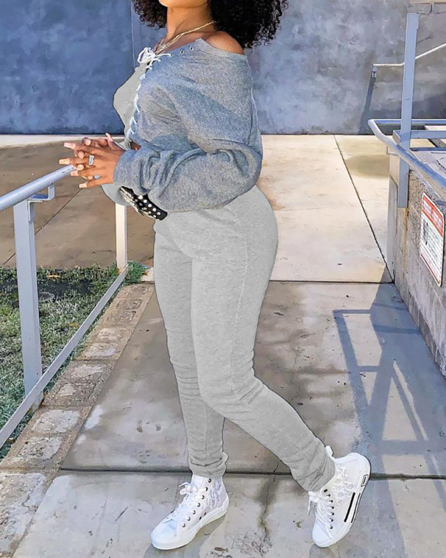 Women Long Sleeve Colorblock Strappy Crop Tops Casual Pants Sets Two Pieces Outfit Red Gray Blue S-2XL