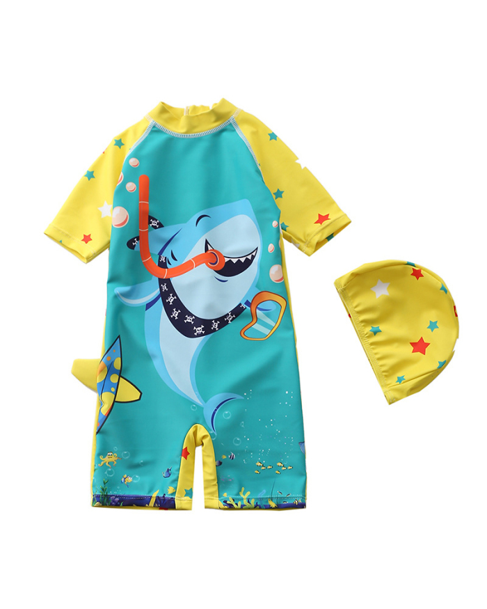 Children Printing Short Sleeve O-Neck Swimwear (Including Swimming Cap)