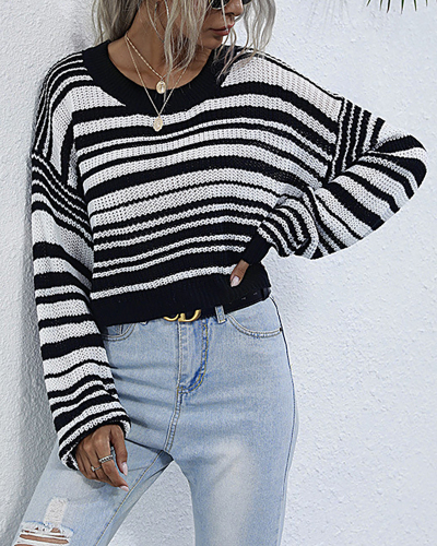 2021 Round Neck Long-Sleeved Bottoming Sweater Short Striped Sweater S-L