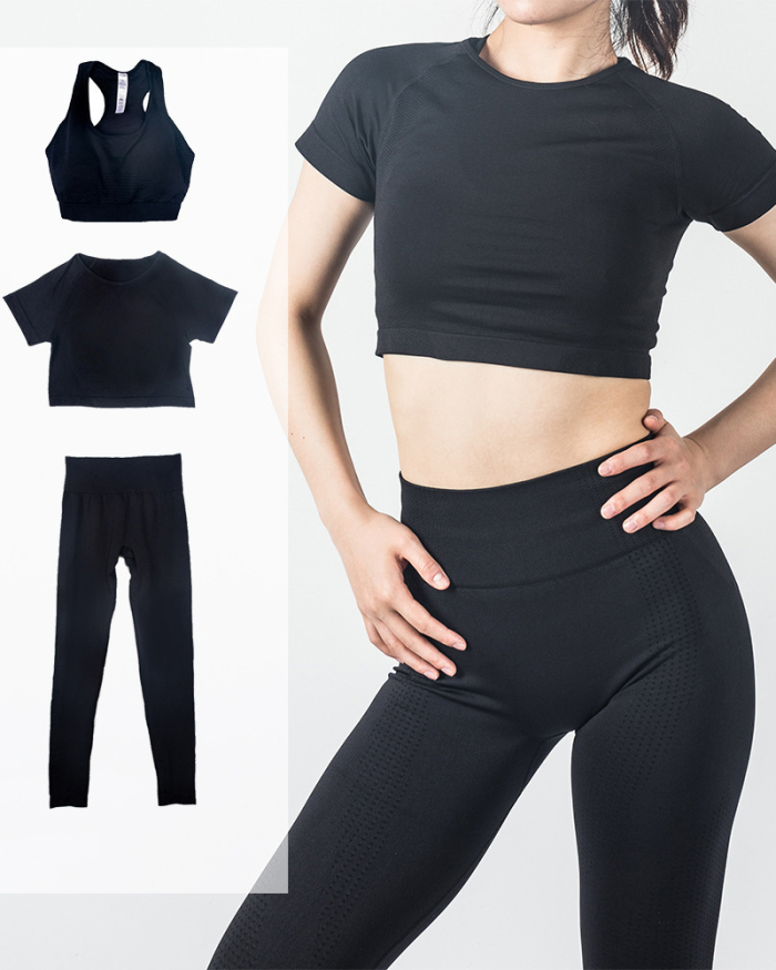 Sports Fitness Seamless Yoga Skinny High Stretch Pants Short Sleeve Vest Yoga Three-Pieces Suit Set