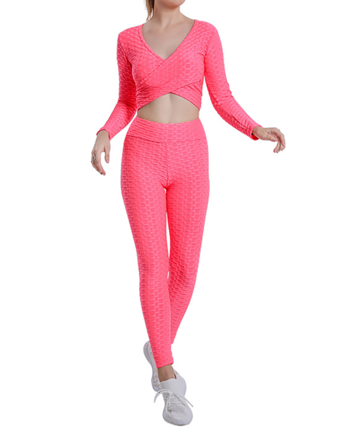 Jacquard Bubble Sexy Cross Long Sleeve Top High Waist Fitness Pants Yoga Suit Set Solid Color S-XXL