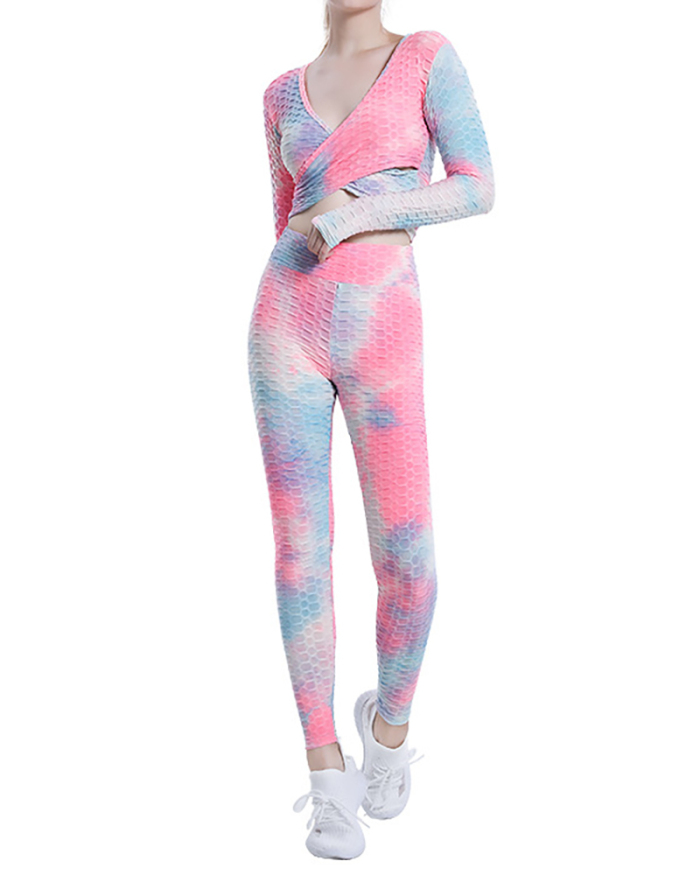 Yoga Cross Top High Waist Tie-Dye Yoga Pants Fitness Sports Suit S-XXL