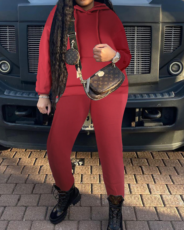 Hot Sale Solid Color Women Hoodies Sets Two Pieces Outfit Purple Black Gray Red S-2XL