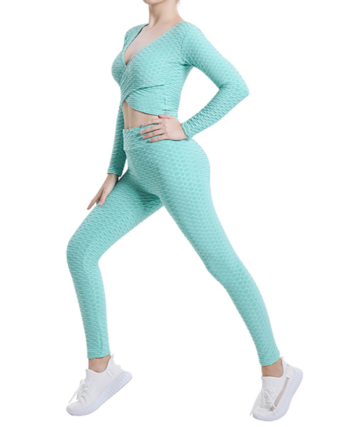 Jacquard Bubble Sexy Cross Long Sleeve Top High Waist Fitness Pants Yoga Suit Set Solid Color S-XXL