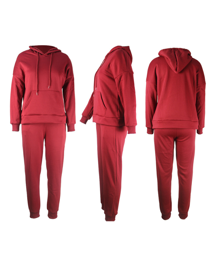 Hot Sale Solid Color Women Hoodies Sets Two Pieces Outfit Purple Black Gray Red S-2XL