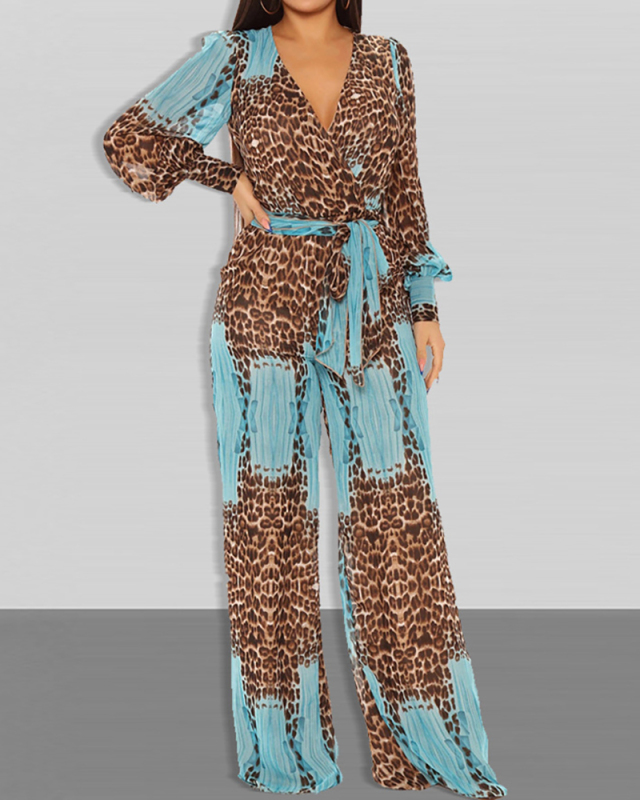 Women V-neck Leopard Long Sleeve Maxi Jumpsuits Blue White S-2XL