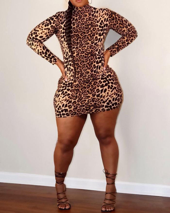 Fashion Leopard Long Sleeve Women Plus Size Dresses XL-4XL