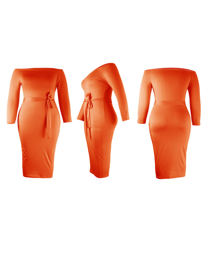Solid Color Women Off Shoulder Long Sleeve Plus Size Dresses Black Blue Orange L-4XL