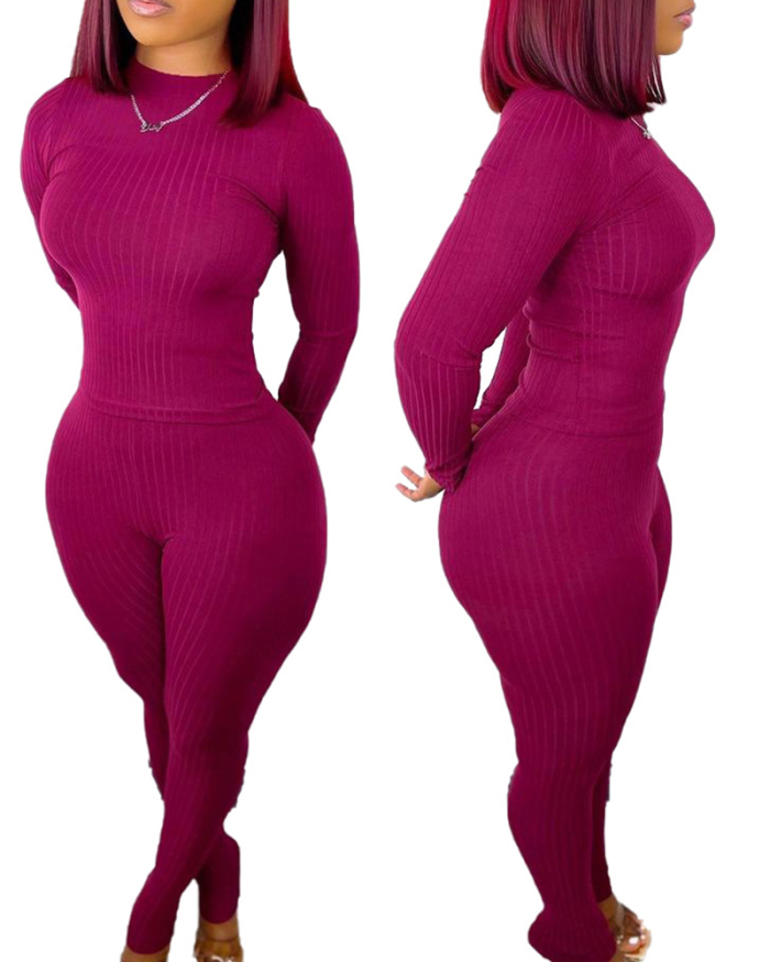 Women Solid Color Long Sleeve Knit Pants Sets Two Pieces Outfit S-2XL