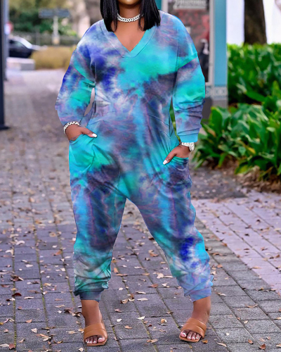 Women Long Sleeve V-neck Loose Tie-dye Plus Size Jumpsuit Blue Yellow L-5XL