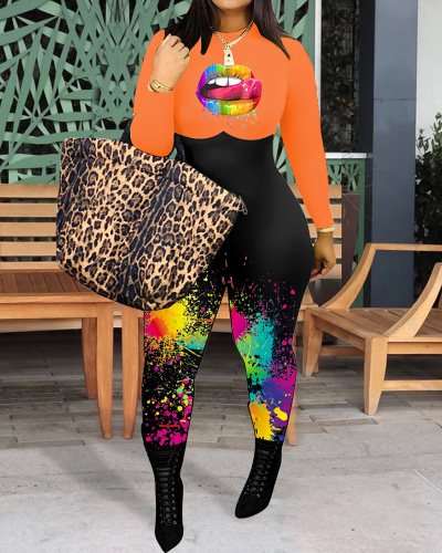Women Long Sleeve Lips Printed Slim Plus Size Jumpsuit White Red Orange L-5XL