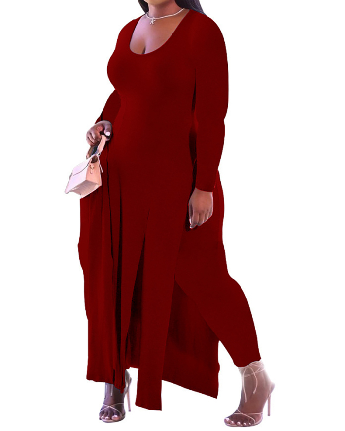 Women Solid Color Long Sleeve Dress Plus Size Two Piece Sets Black Gray Wine Red L-4XL