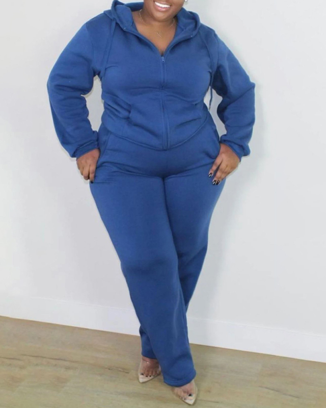 Women Solid Color Long Sleeve Zipper Hoodies Pocket Plus Size Two Piece Sets Red Purple Black Army Green Blue XL-5XL