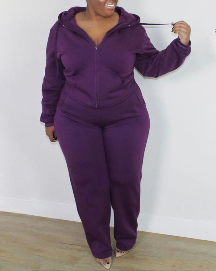 Women Solid Color Long Sleeve Zipper Hoodies Pocket Plus Size Two Piece Sets Red Purple Black Army Green Blue XL-5XL