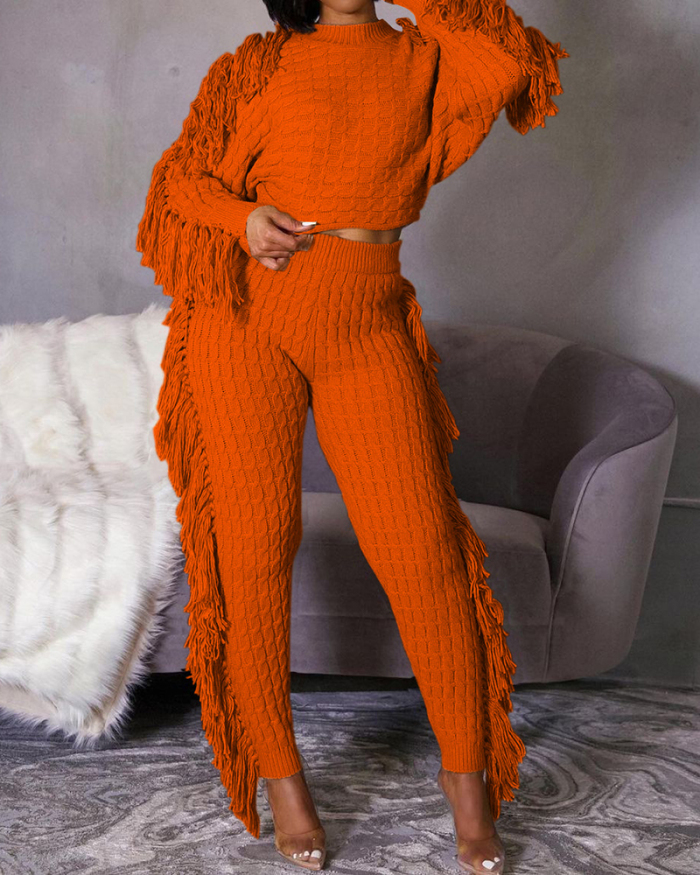 Women Solid Color Knitted Long Sleeve Tassel Two Pieces Outfit Pants Sets White Orange Black Wine Red Apricot S-2XL