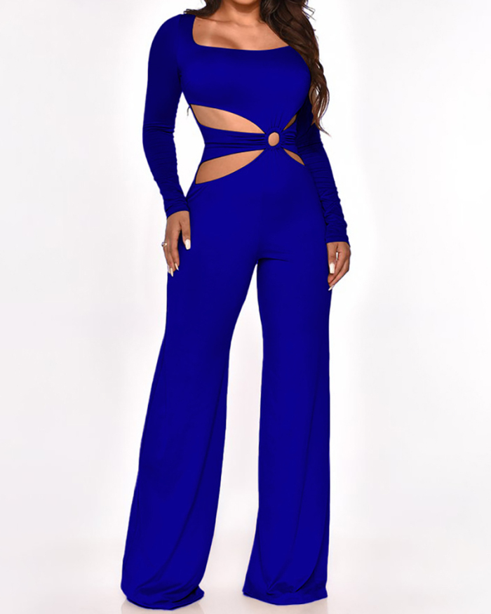 Women Long Sleeve Square Collar Hollow Out Wide Leg Solid Color Jumpsuits Black Blue Orange Apricot Purple S-2XL