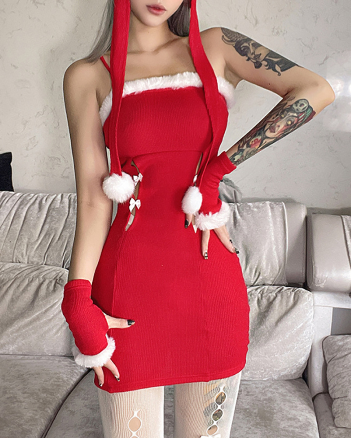 Fashion Bow Sling Hollow Out One Piece Dress Red S-L 