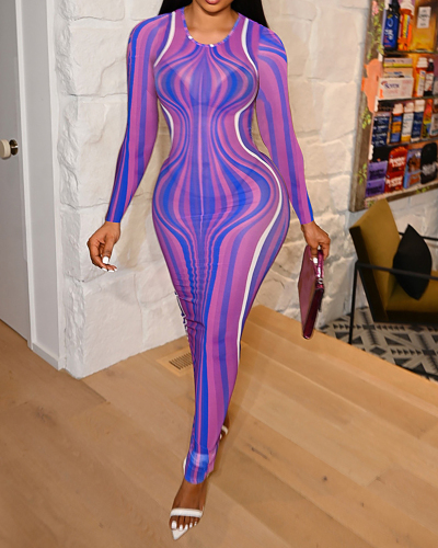 Women Sexy Striped Long Sleeve Mesh Maxi Dresses Club Wear Pink Purple Gray S-2XL