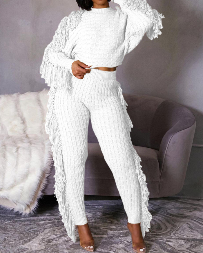 Women Solid Color Knitted Long Sleeve Tassel Two Pieces Outfit Pants Sets White Orange Black Wine Red Apricot S-2XL
