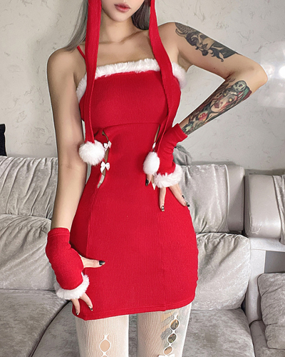 Fashion Bow Sling Hollow Out One Piece Dress Red S-L 