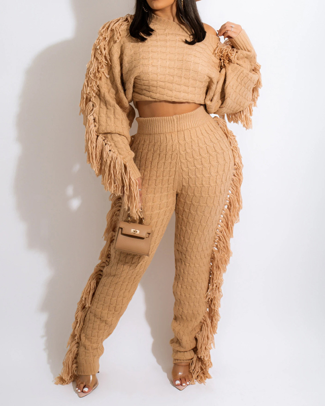 Women Solid Color Knitted Long Sleeve Tassel Two Pieces Outfit Pants Sets White Orange Black Wine Red Apricot S-2XL