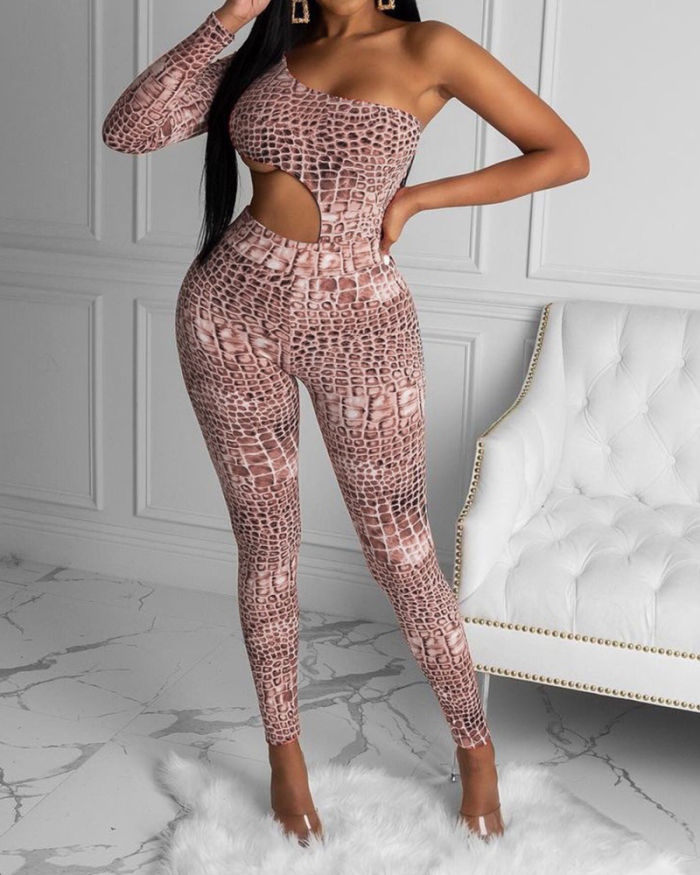 Women's Longsleeved Asymmetrical One-Shoulder Printed Trousers Two-Piece Suit S-XXL