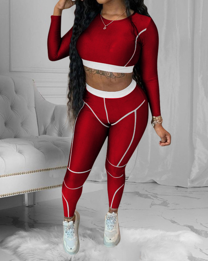 Women Long Sleeve Colorblock Pants Sets Two Pieces Outfit Wine Red Blue Gray S-2XL