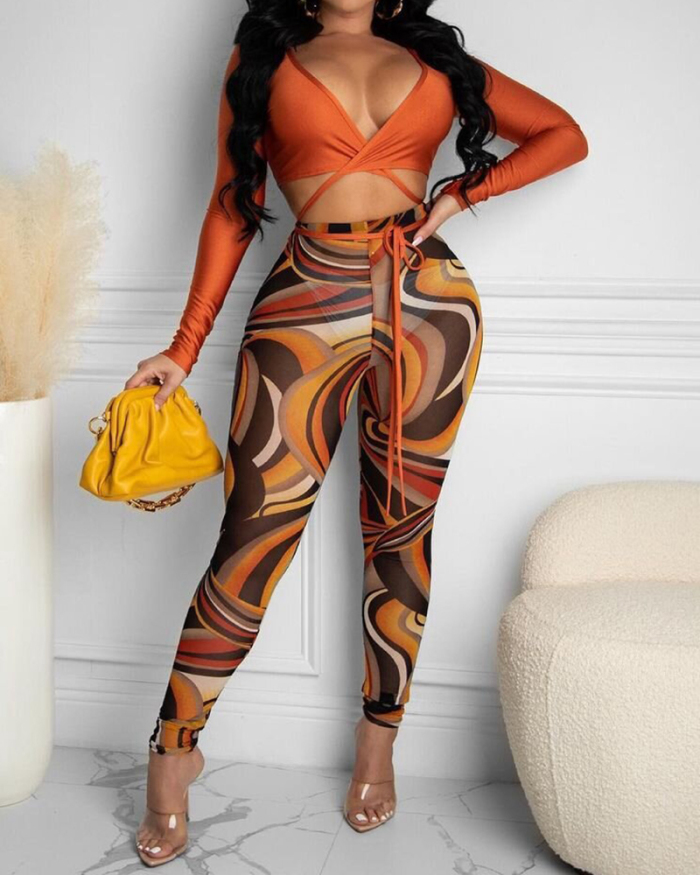 Women Long Sleeve Colorblock Mesh Sexy Pants Sets Two Pieces Outfit Yellow Gray Coffee S-2XL