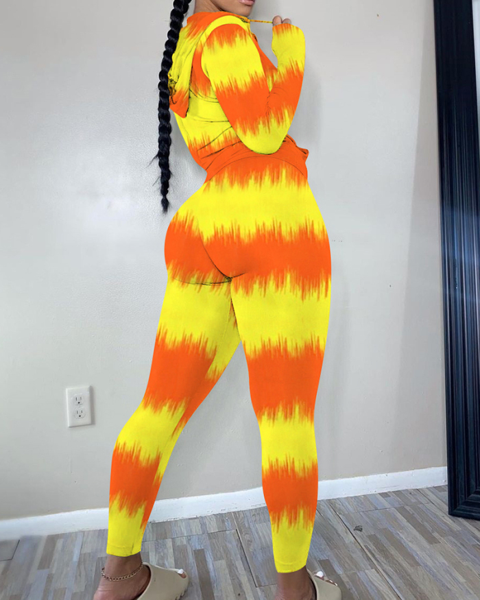 Women Printing Yellow Orange Colorblock Hoodies Pants Sets Casual Sports Wear S-2XL