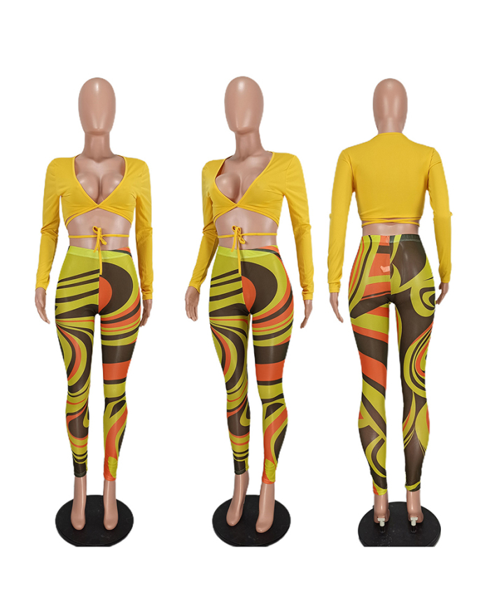 Women Long Sleeve Colorblock Mesh Sexy Pants Sets Two Pieces Outfit Yellow Gray Coffee S-2XL
