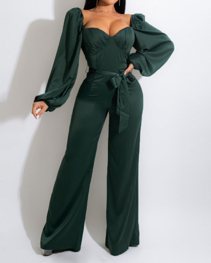 Women Solid Color Square Collar Strappy Long Sleeve Jumpsuit Black Blue Green S-XL 