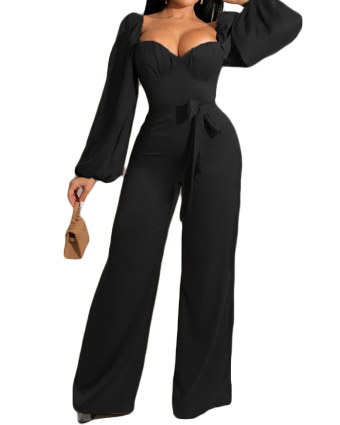 Women Solid Color Square Collar Strappy Long Sleeve Jumpsuit Black Blue Green S-XL 