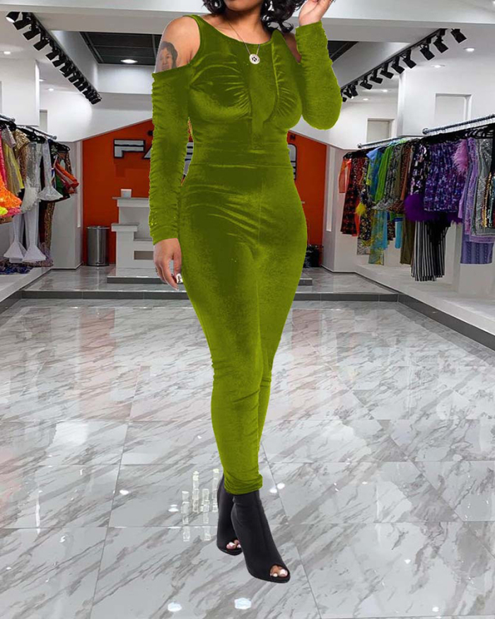 Womens Hollow Out Shoulder O-neck Long Sleeve Solid Color Velvet Jumpsuits Black Green Red Gray S-2XL