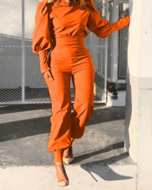 Lady Solid Color Street Style Puff Sleeve High Neck Two Piece Set Orange Black Rose Red Blue S-2XL 