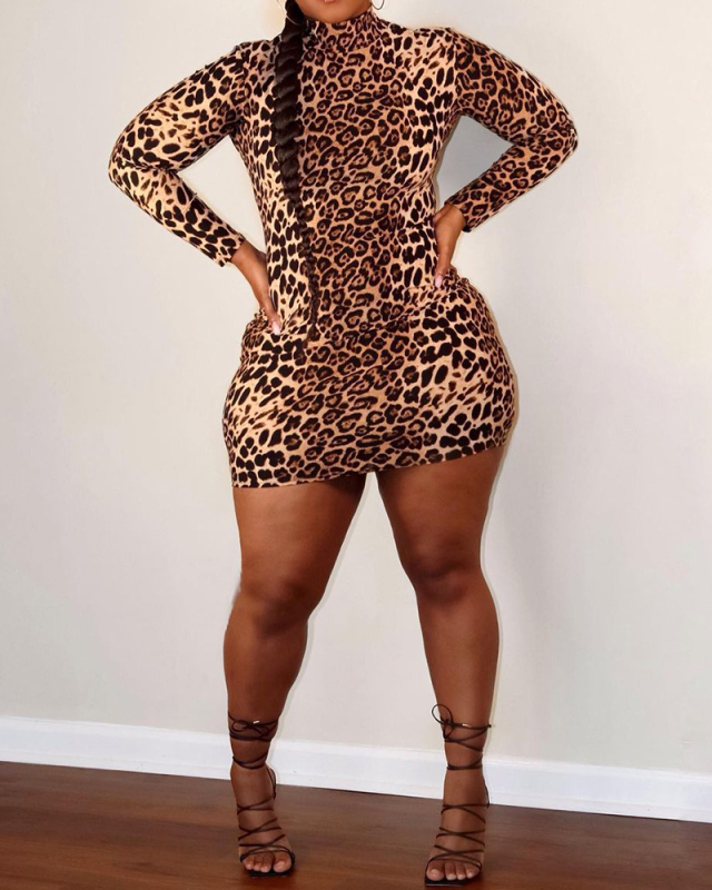 Plus Size Women's New Early Autumn Leopard Print Mini Dress XL-4XL