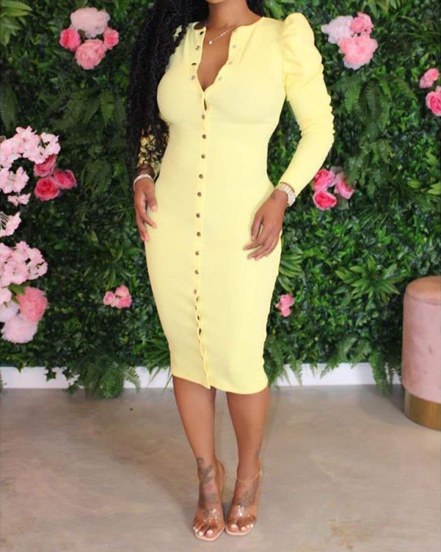 Women Long Sleeve Silid Color Buttons Sexy Bodycon Casual Midi Dresses Yellow S-XL