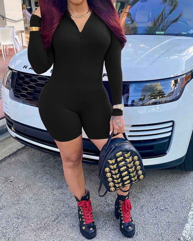 Women Long Sleeve Solid Color Mini Zipper Neck Rompers Black Wine Red S-2XL
