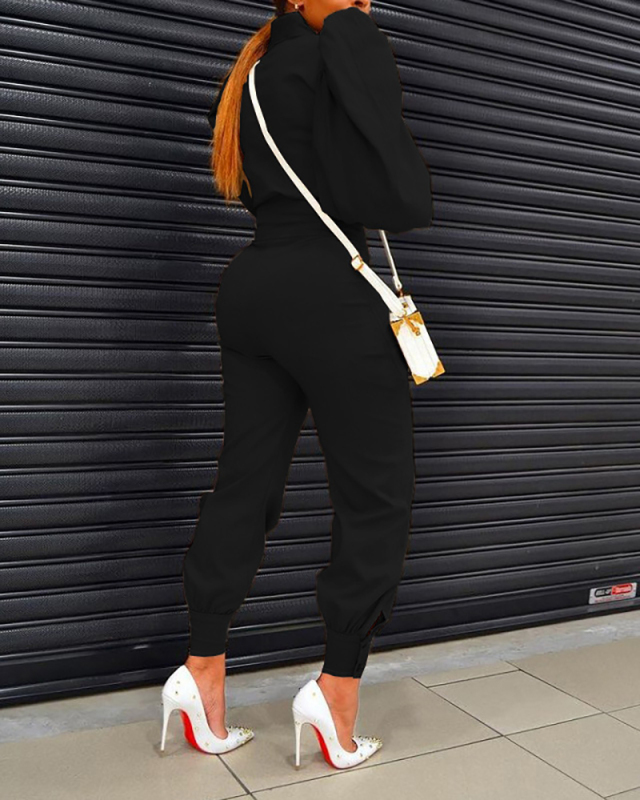 Fashion Design Solid Color Puff Sleeve High Waist Two Piece Set S-2XL 