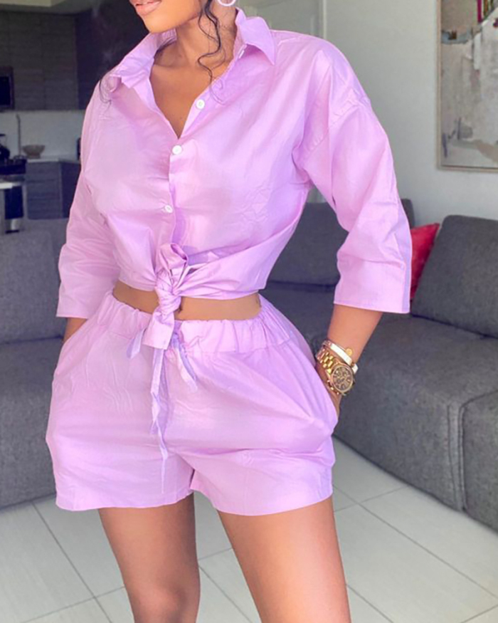 Women Solid Color Long Sleeve Buttons Shirts Short Sets Two Pieces Outfit White Purple Black S-XL