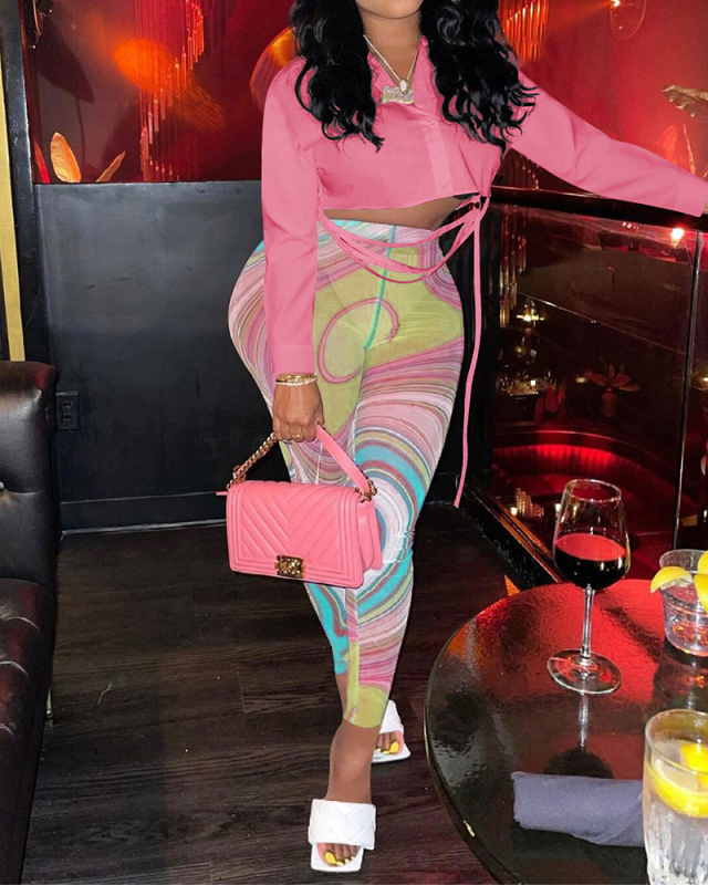 Lady Mesh Printing Long Sleeve Crop Tops Two Piece Set Pink Yellow Purple S-2XL 