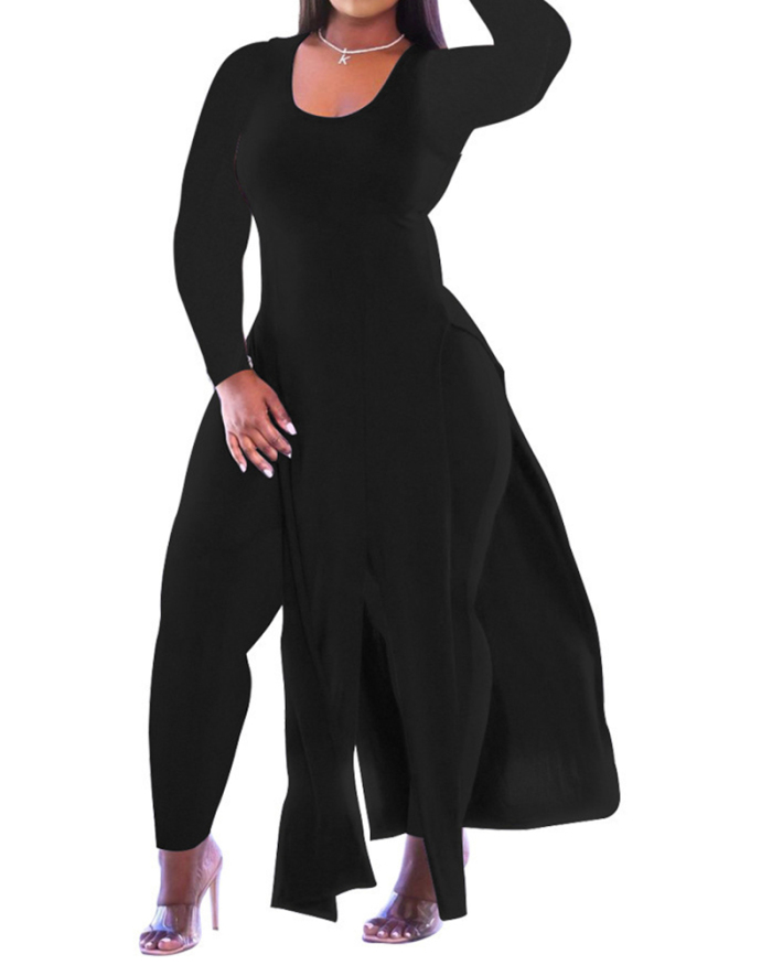 Lady High Split Sexy Solid Color Long Sleeve One Piece Dress Black Gray Red