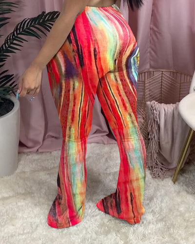 Women Tie Dye Printing Flared Trousers Pants Red Colorful S-4XL 