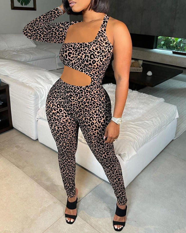 Fashion Lady Hollow Out Irregular Solid Color Leopard One Sleeve Jumpsuits Black Blue Leopard Orange S-XL