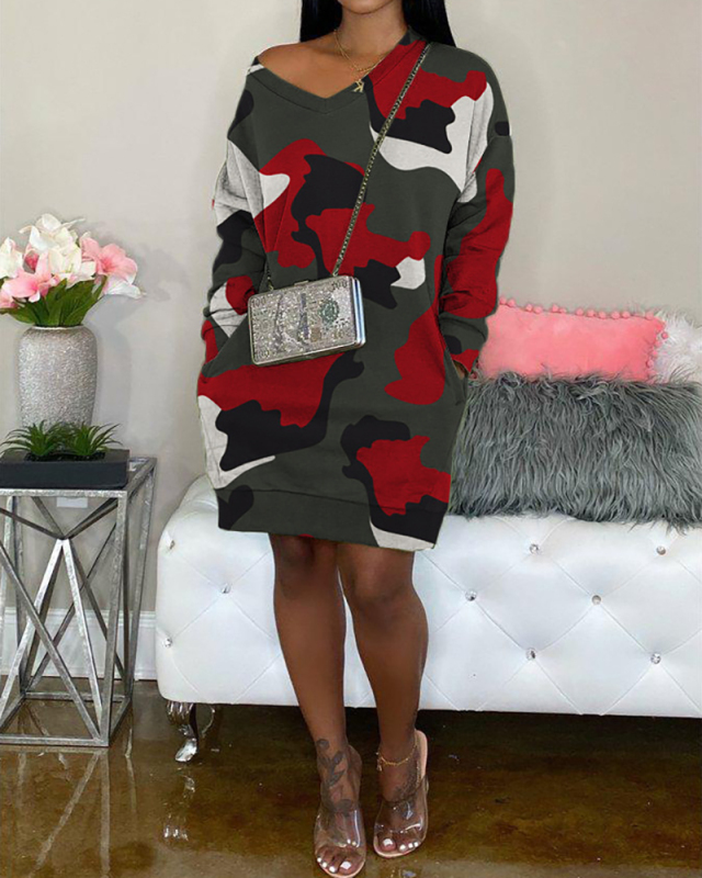 Women Camo Long Sleeve V-neck Pocket Midi Casual Dresses Red Blue Green S-XL