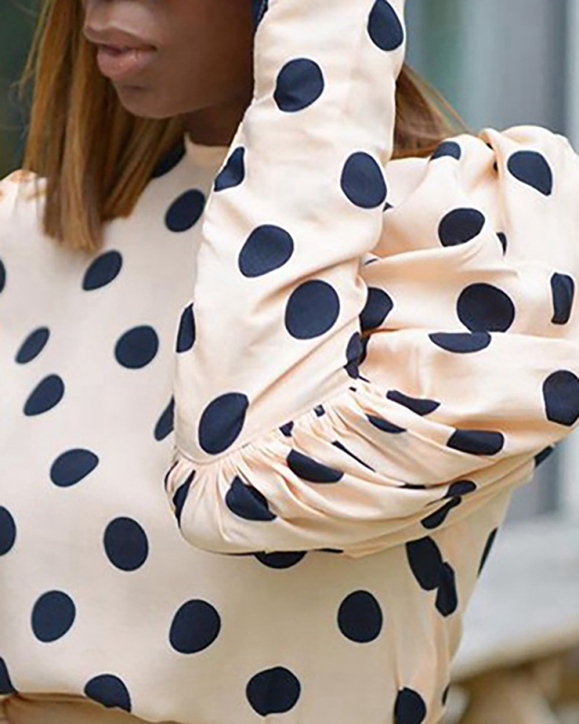 Women Puff Sleeve Printing Long Sleeve Tops Apricot S-XL 